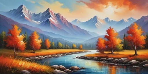 Prompt: Artistic (spatula oil painting) landscape scenery, majestic mountains, serene river flowing through the foreground, scattered vibrant greenery of slight forest, dramatic sky gradients blending warm oranges and cool blues, (masterpiece) quality, intricate texture details, inviting ambiance, capturing the essence of nature’s beauty, rich colors and lifelike details, (highly detailed) craftsmanship. (tone down the redder colors)