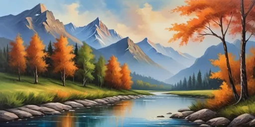 Prompt: Artistic (spatula oil painting) landscape scenery, majestic mountains, serene river flowing through the foreground, scattered vibrant greenery of slight forest, dramatic sky gradients blending warm oranges and cool blues, (masterpiece) quality, intricate texture details, inviting ambiance, capturing the essence of nature’s beauty, rich colors and lifelike details, (highly detailed) craftsmanship.