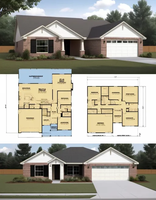 Prompt: Single-story home with four bedrooms, three bathrooms, powder room, great room, laundry room, and garage. 1800 square feet. Exterior Brick and siding. floor plan and elevations