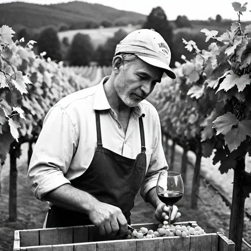 Prompt: create me an old looking black and white or sketchi pic about some people working in winery

