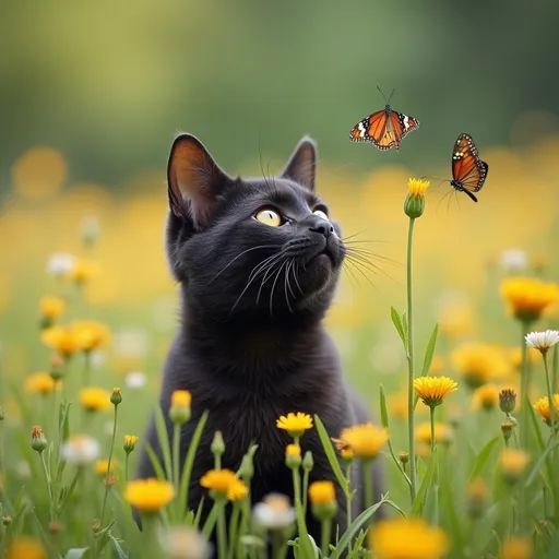 Prompt: Black cat in wildflower field chasing butterflies.