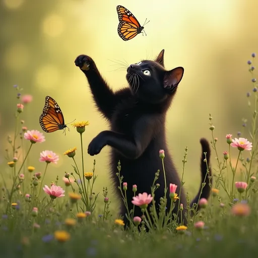 Prompt: Black cat in wildflower field chasing butterflies.