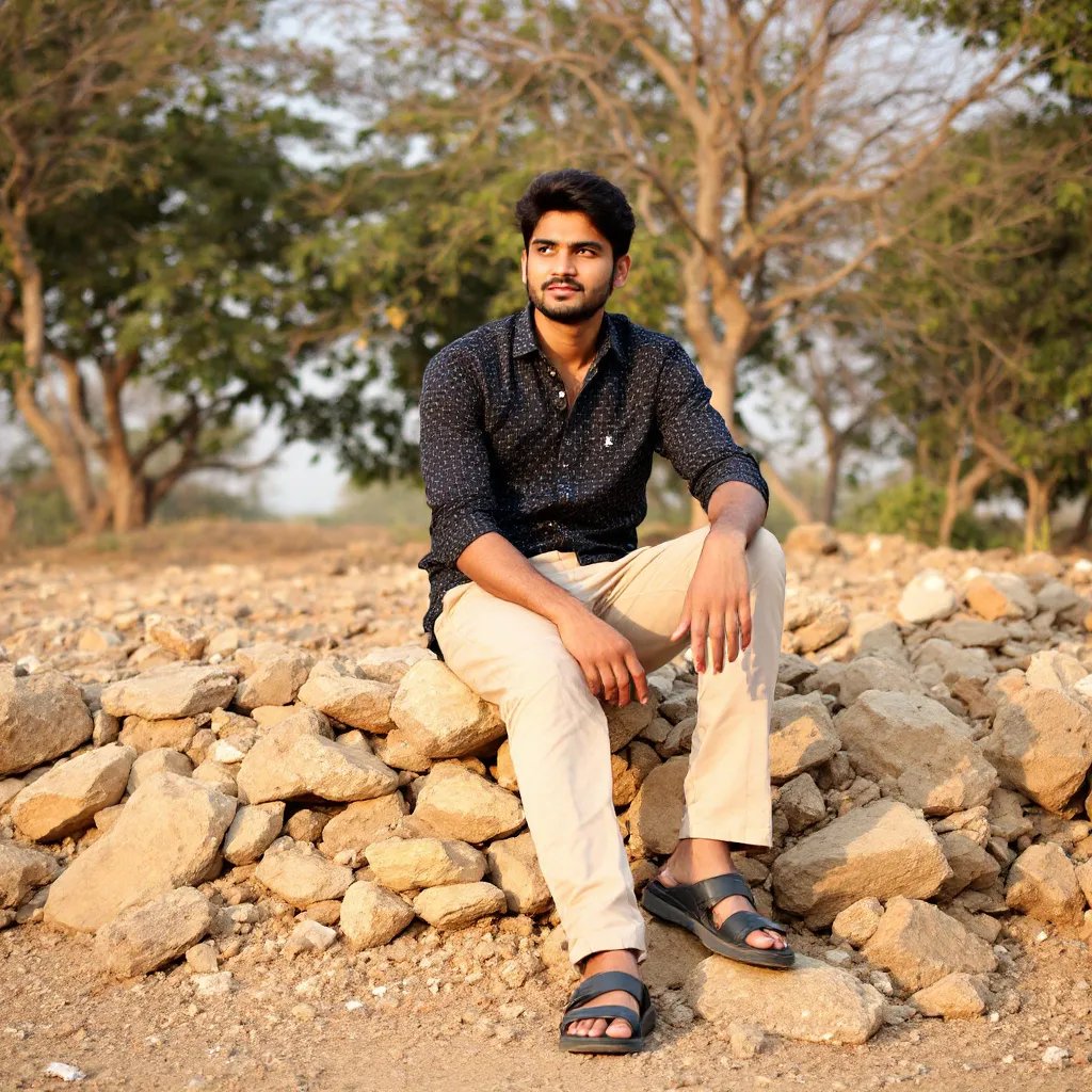 Prompt: Perched casually atop a pile of stones and rubble, a young man exudes a relaxed confidence as he gazes into the distance. Dressed in a patterned black shirt with subtle geometric designs and light beige trousers, he complements his attire with sturdy sandals, grounding his look in the rugged outdoor setting. The landscape around him is a mix of sparse, rocky ground and scattered foliage, suggesting a semi-rural environment that is illuminated by the warm glow of late afternoon sunlight. Behind him, trees with sparse leaves frame the scene, hinting at the remnants of a natural habitat now juxtaposed with the rocky terrain. The overall mood is calm and contemplative, capturing a moment of quiet reflection amidst nature's transition.
