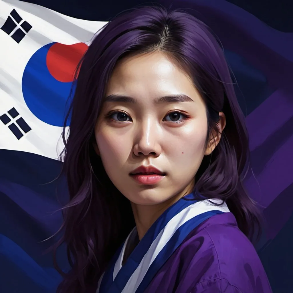 Prompt: digital painting, a woman lost in korea, korean flag, midnight blue, dark purple, 