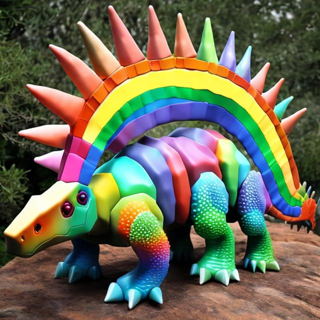 Prompt: Rainbow colored stegosaurus real