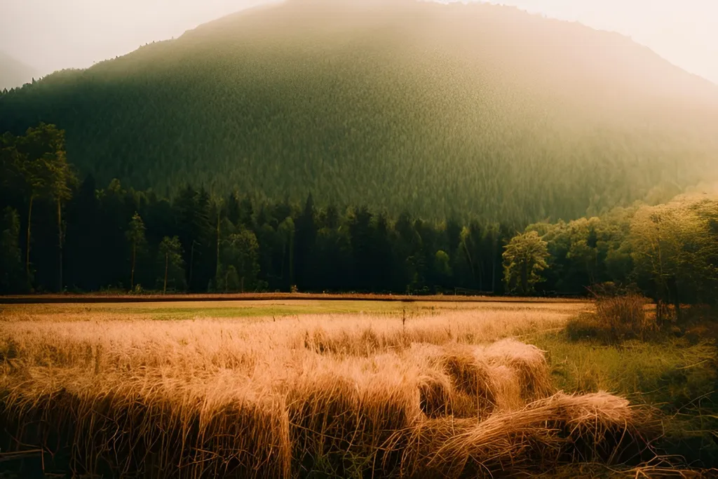 Prompt: capture the essence of Rustic Nature, focusing on forests, fields, mountains, and beaches.