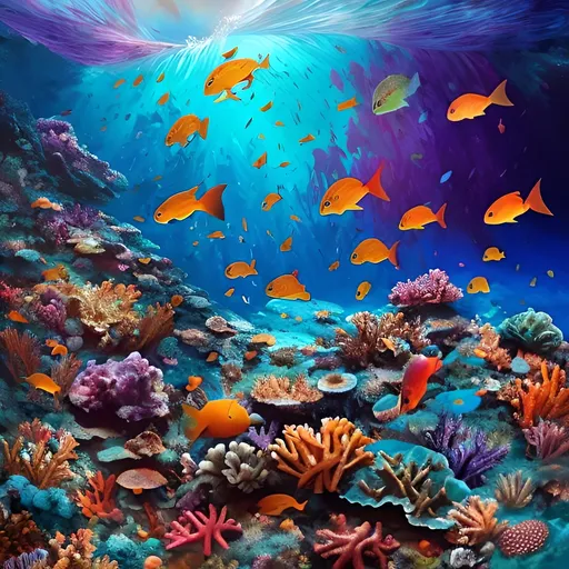 Prompt: Coral reefs, once on the brink of demise, vibrated with renewed life, painting the oceans in a kaleidoscope of colors.

create a magical fantasy depiction of this scene. With a tone of inspiration and hope

