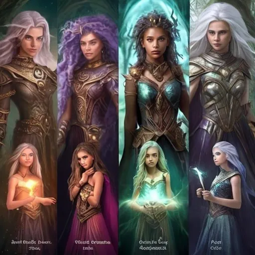 Prompt: In a magical fantasy setting, create a 4 beautiful older diverse women that represent strength, beauty, independence and love.