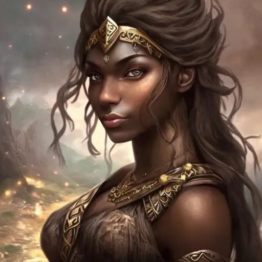 Prompt: In a magical fantasy setting, create a beautiful older dark skin, brown eyed, woman that represents strength, beauty, independence and love.