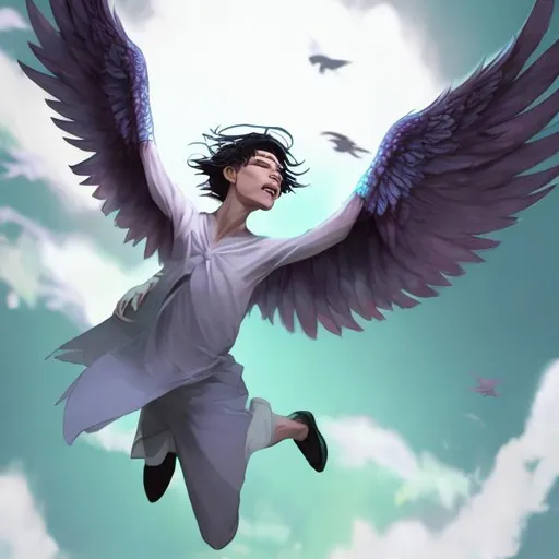 Prompt: an androgynous person spreading wings realizing they they are free and happy  in the style of fantasy

