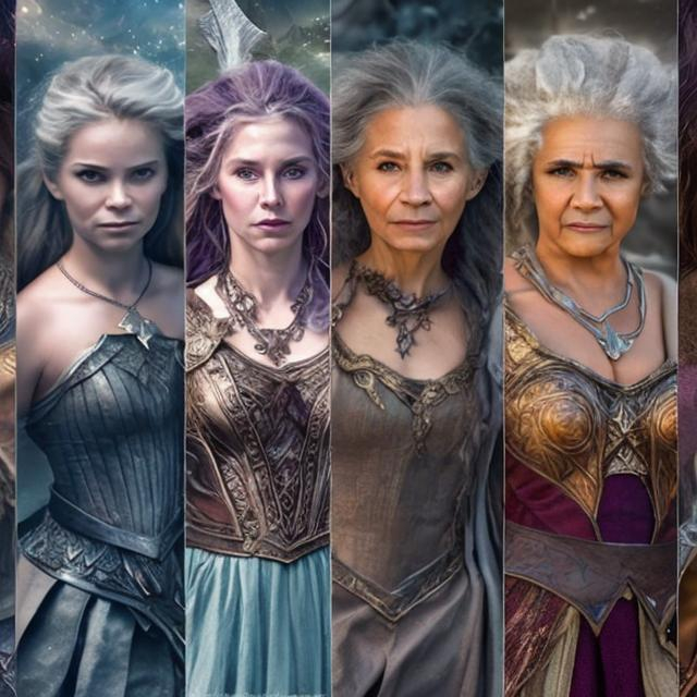 Prompt: In a magical fantasy setting, create a 4 beautiful older diverse women that represent strength, beauty, independence and love.