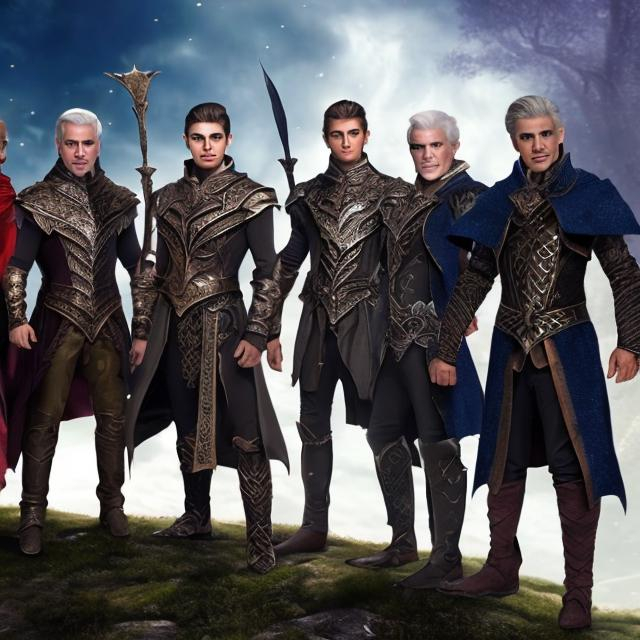 Prompt: In a magical fantasy setting, create a 4 handsome older diverse men that represent strength, beauty, independence and love.