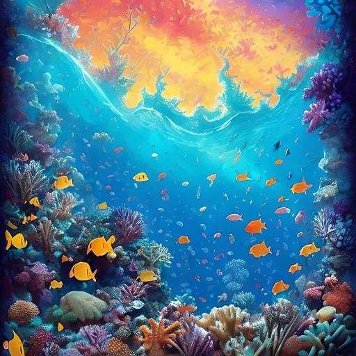 Prompt: Coral reefs, once on the brink of demise, vibrated with renewed life, painting the oceans in a kaleidoscope of colors.

create a magical fantasy depiction of this scene. With a tone of inspiration and hope

