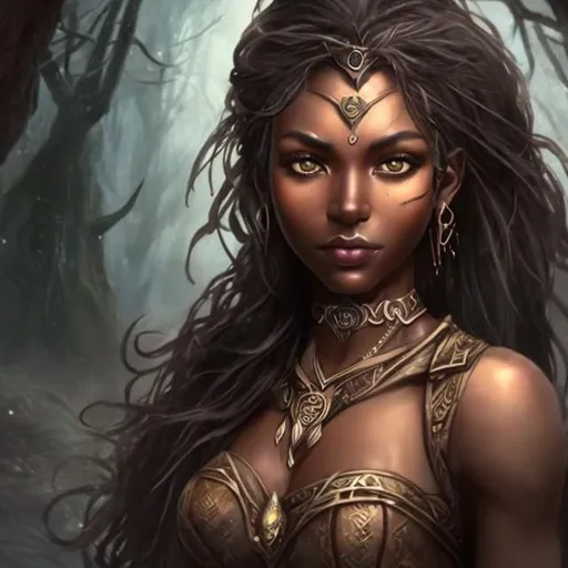 Prompt: In a magical fantasy setting, create a beautiful older dark skin, brown eyed, woman that represents strength, beauty, independence and love.