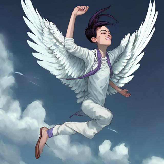 Prompt: an androgynous person spreading wings realizing they they are free and happy  in the style of fantasy

