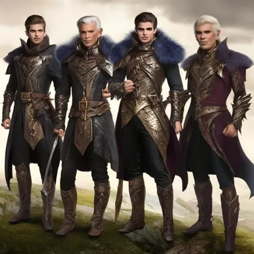 Prompt: In a magical fantasy setting, create a 4 handsome older diverse men that represent strength, beauty, independence and love.