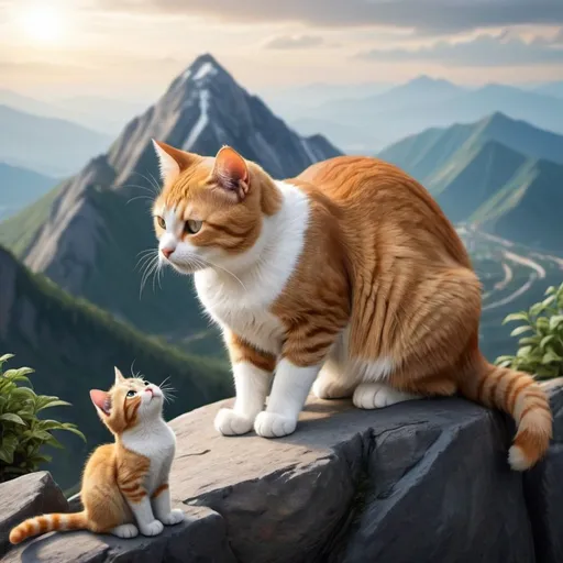 Prompt: A cat is on the edge of a mountain and all on down the mountain the other animals are bowing and respecting the cat. (Realistic image)