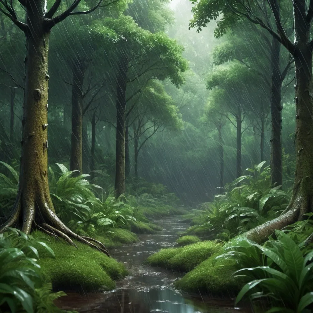 Prompt: A highly detailed forest in a rainfall, very attractive and beautiful background, high quality. (Realistic image)