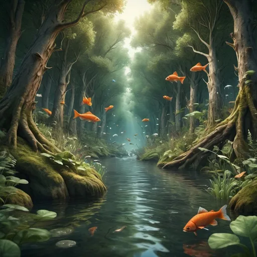 Prompt: A highly detailed forest in a river, detailed fish jumping out of water, a magical land, with trees. (Realistic image)