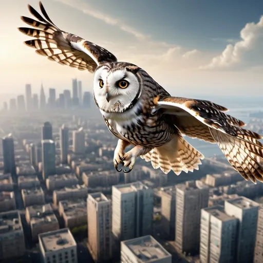 Prompt: An owl flying above a city. (Realistic image)