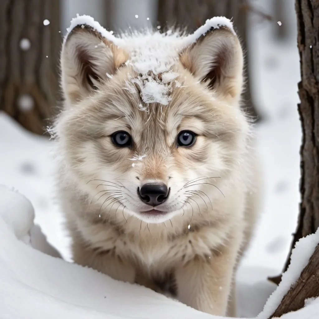 Prompt: A little snow wolf cub is hiding and scared. (Realistic image)
