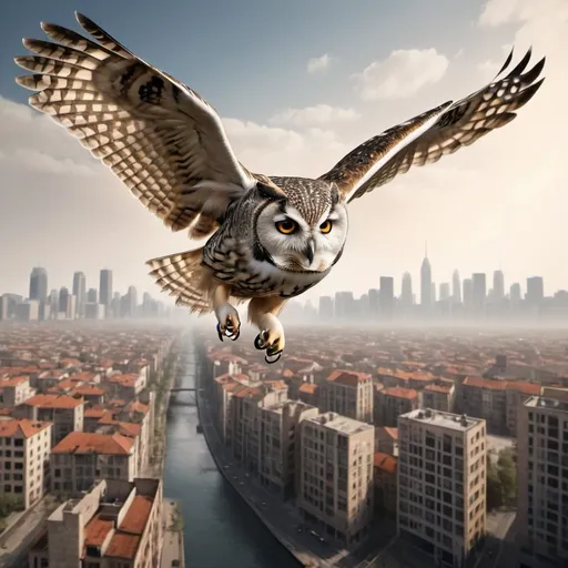 Prompt: An owl flying above a city. (Realistic image)