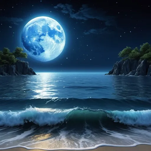 Prompt: A magical ocean, at night, blue moon. A very highly detailed background. (Realistic image)