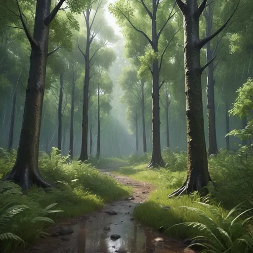 Prompt: A highly detailed forest in a rainfall, day light. (Realistic image)