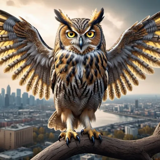 Prompt: A highly detailed owl, standing on a tree, highly detailed wings, full body view, looking above at a city, yellow eyes, highly detailed eyes, has evil looks in its eyes. (Realistic image)