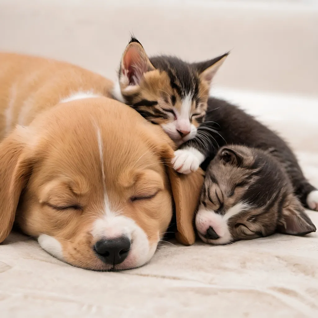 Prompt: A kitten and a puppy sleeping and cuddling together 