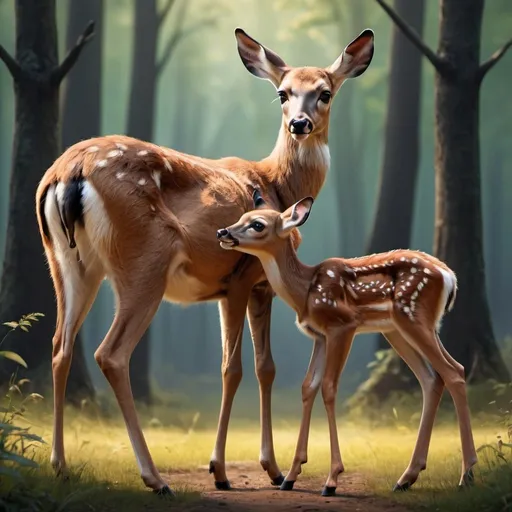 Prompt: Bambi reunited with his mother, emotional scene. (Realistic image)