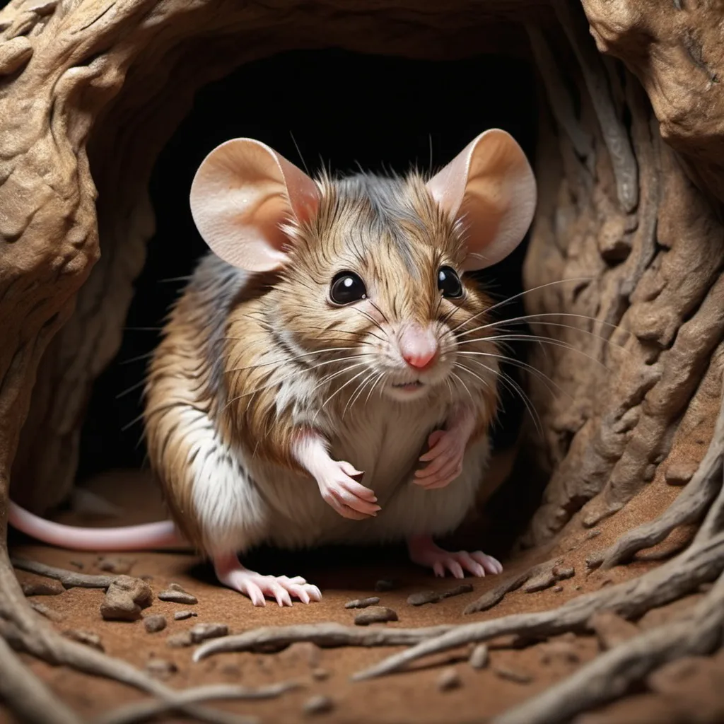 Prompt: Highly detailed mouse, full-body view, hiding in its nest, highly detailed fur, a mysterious cave background, medium sized detailed ears, has a body position ready to attack. (Realistic image)