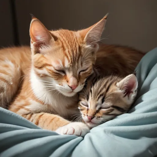 Prompt: A kitten cuddling and sleeping with its mother. (Realistic image)