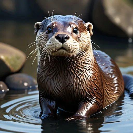 Prompt: And otter coming out of water,highly detailed revire background, a highly detailed otter, full body view. (Realistic image)