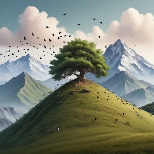 Prompt: A hill with one tree on it, full of birds, very very high detailed mountain background. (Realistic image)