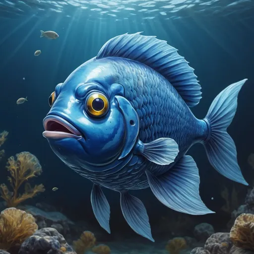 Prompt: A blue fish swimming happily, highly detailed mysterious background in the ocean, amazing oil painting 4k, highly detailed fish, full body view. (Realistic image)