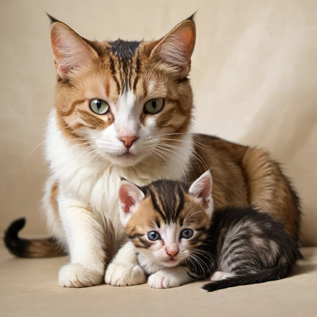 Prompt: A cat with its new born kitten. (Realistic image)