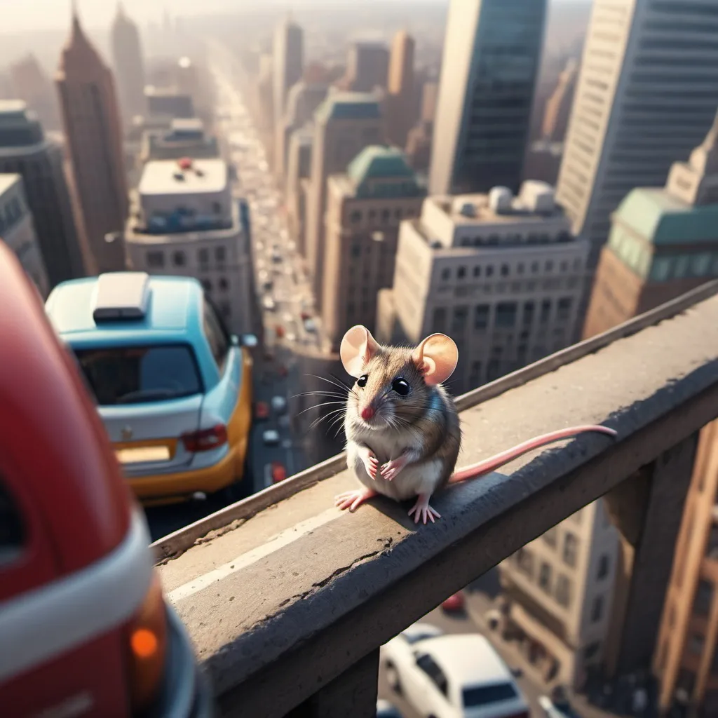Prompt: A small mouse on the top of the edge looking down at the great big city full of cars and people. (Realistic image)
