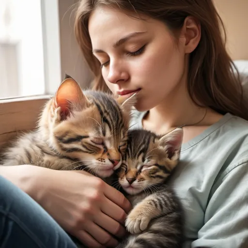Prompt: A kitten sitting on its owners lap and sleeping. (Realistic image)