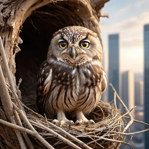 Prompt: A little owl hiding in its nest looking above at the city. (Realistic image)