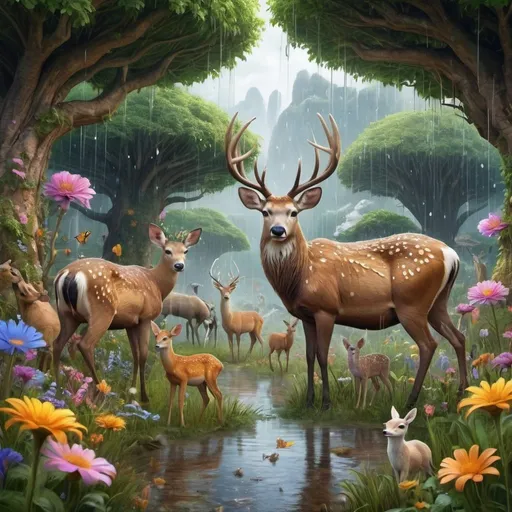 Prompt: A magical land full of flowers and rainfall, full of animals, greed grass, and amazingly beautiful dears with highly detailed bodies. (Realistic image)