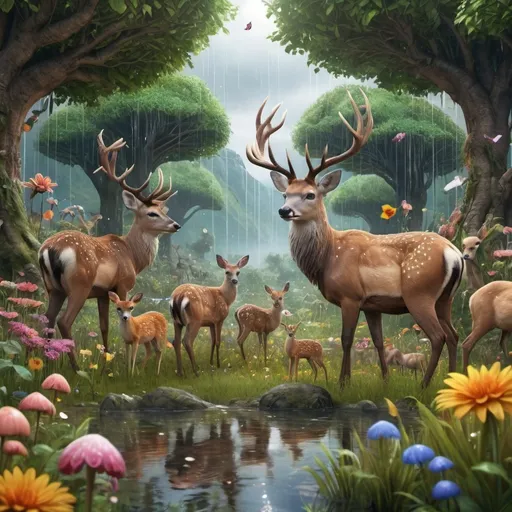 Prompt: A magical land full of flowers and rainfall, full of animals, greed grass, and amazingly beautiful dears with highly detailed bodies, high quality. (Realistic image)