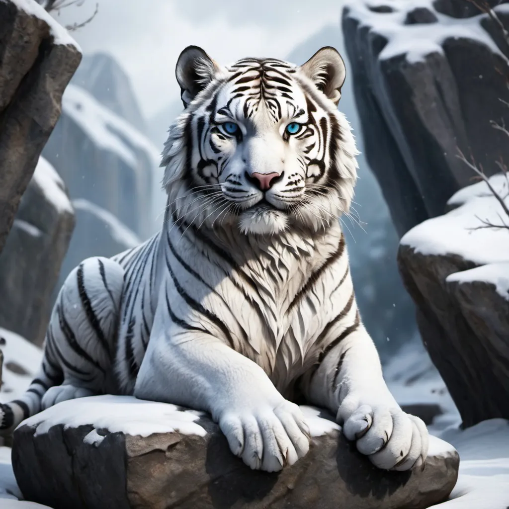 Prompt: A snow tiger sitting on a stone with a highly detailed mysterious background, highly detailed eyes, highly detailed fur, sits in a way that if someone looks at him gives them the chills, high quality. (Realistic image)