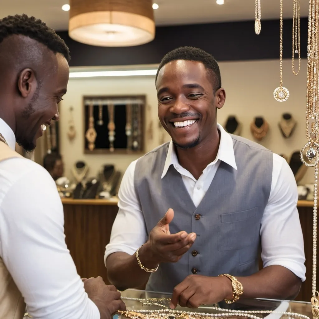 Prompt: 

 Create a beautiful image of an African Male Business Owner in a Jewelry shop smiling and attending to a Customer.