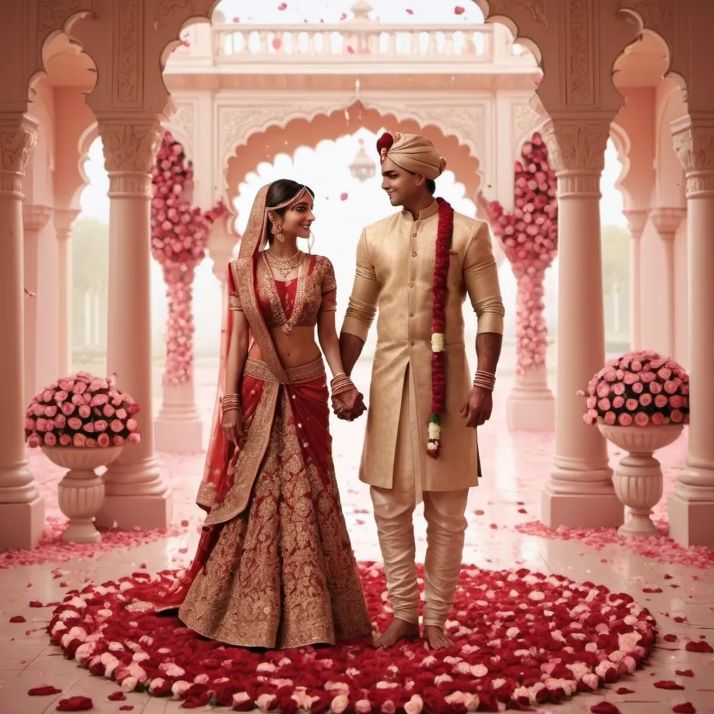 Prompt: A Indian wedding animated.In the starting roses are showering all over and in a beautiful palace both the bride and groom are holding hands together and looking forward at viewers. The couple is young. Both have nearly same height. The groom is bit muscular with 25% body fat. 

