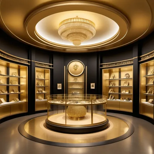 Prompt: I want an interior design for a gold shop. I want there to be a large stand for jewelry in the middle of the shop in a circular shape filled with glass and gold inside and a beige floor with paintings filled with black and camel designs.