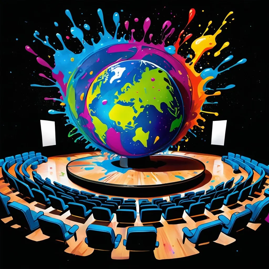 Prompt: Colorful graffiti illustration of planet earth in space surrounded by auditorium seating,  paint splashes, black background