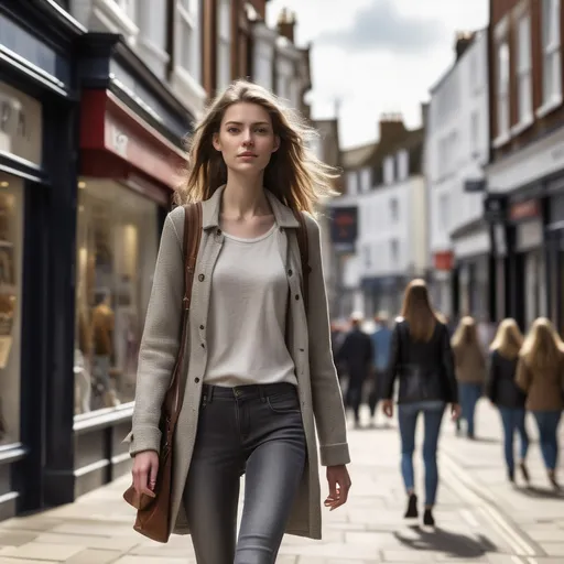 Prompt: Tall young woman walking down the high street, detailed clothing, realistic, natural lighting