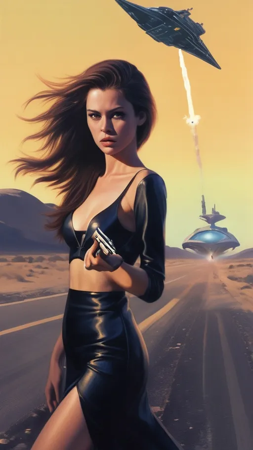 Prompt: A young woman with long shaggy brown hair. dressed in a black designer dress, jogging down a dirt road. shes holding a futuristic medium sized ray gun and smoking a cigarette. in the background is an alien ship with scorch marks . the door of the ship is open, an two alien bodies crumpled in the entryway. It's twilight/ dusk with sparse wooded foliage. You can see the stars just starting to sparkle in the sky, the moon is large and rising