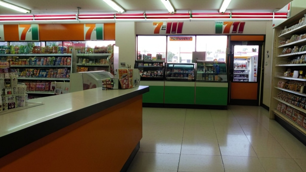 Prompt: A first person view from within a convenience store such as 7-11, looking towards the checkout area. 